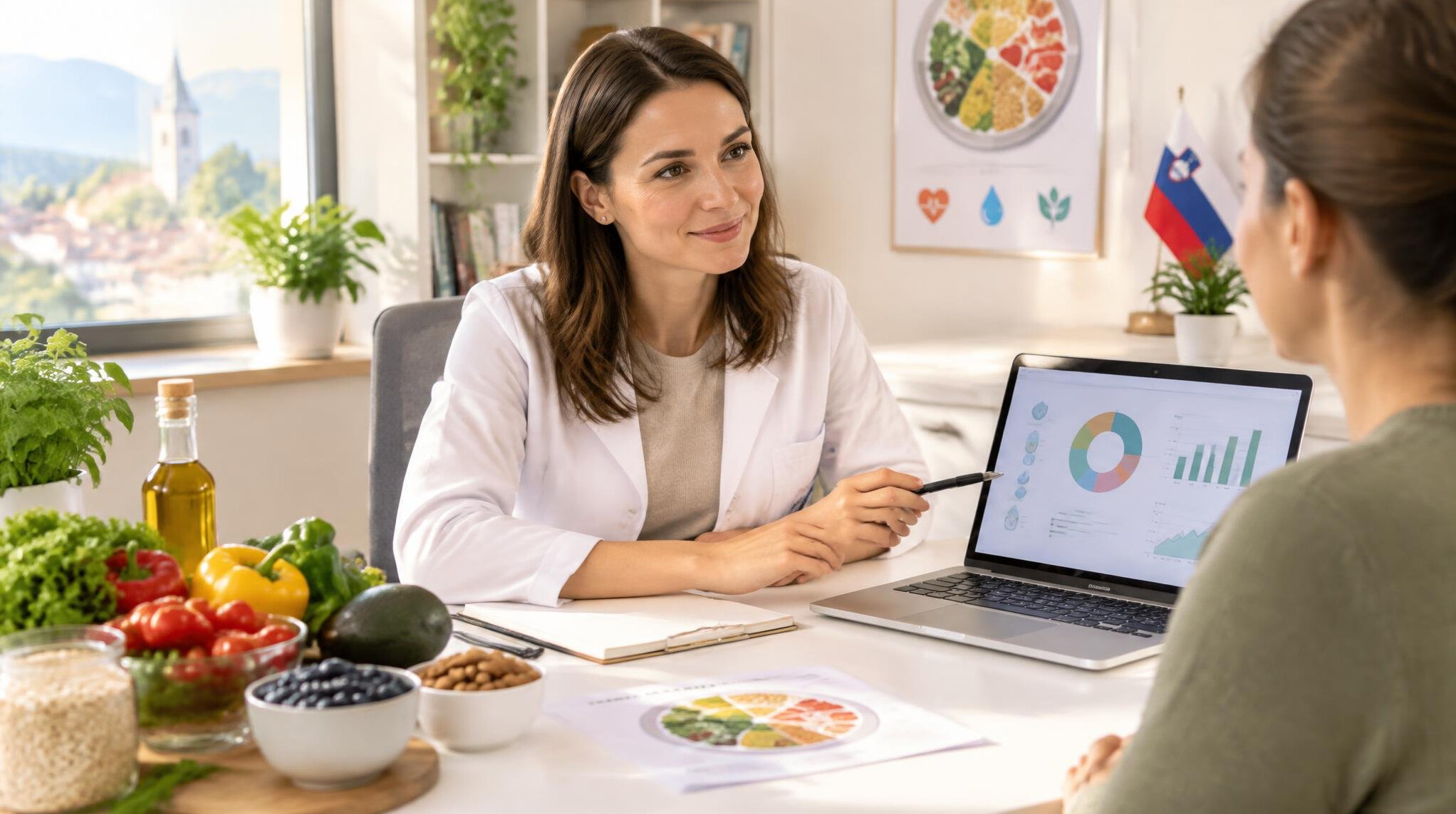 Nutritionist consulting a client at a desk with healthy food and a laptop